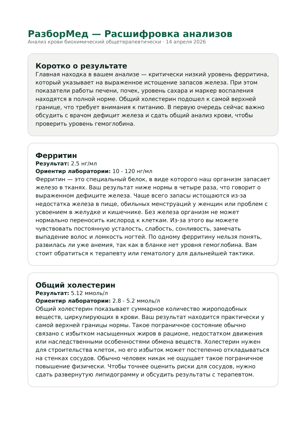 Первая страница PDF-отчёта РазборМед с разбором ферритина и холестерина